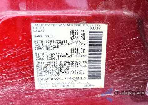 2012 Nissan Frontier Sv z USA, uszkodzony, nr VIN 1N6AD0FV2CC440815